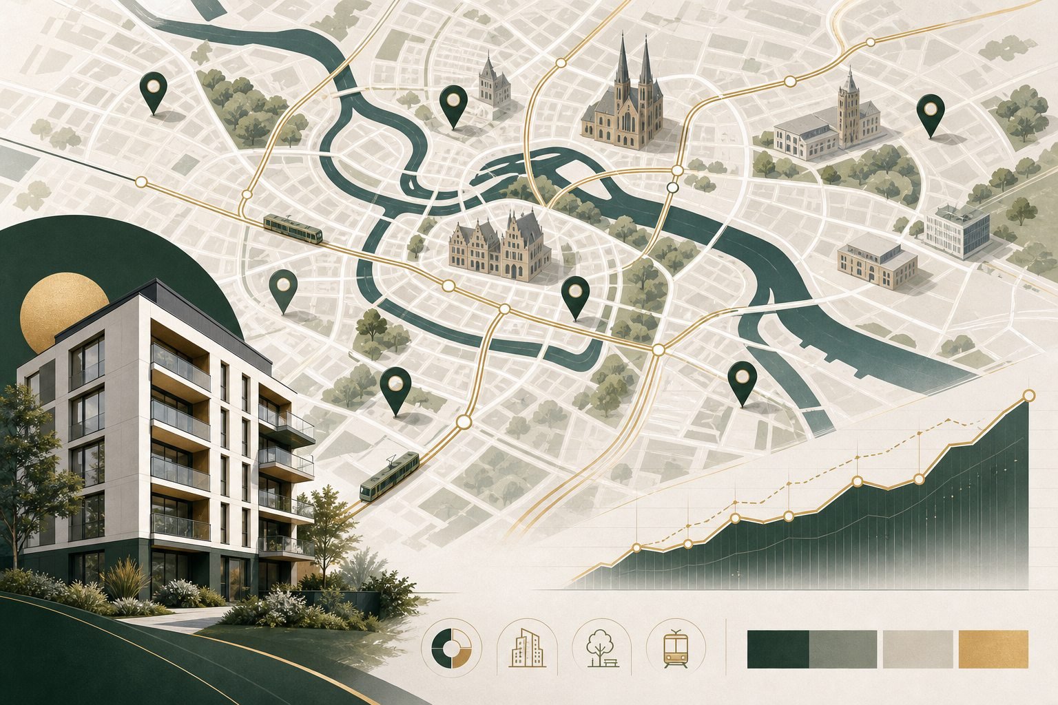 Architektura Wrocławia połączona z mapą lokalizacji nieruchomości